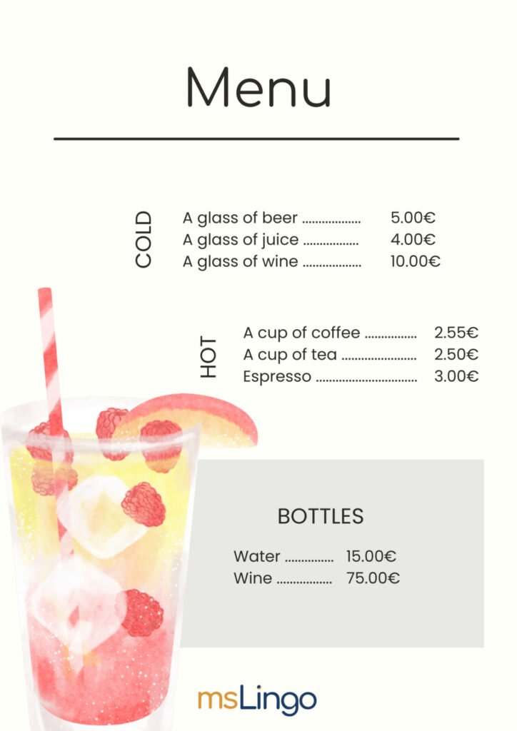 Vežbe pisanja A1 - At the coffee shop - menu