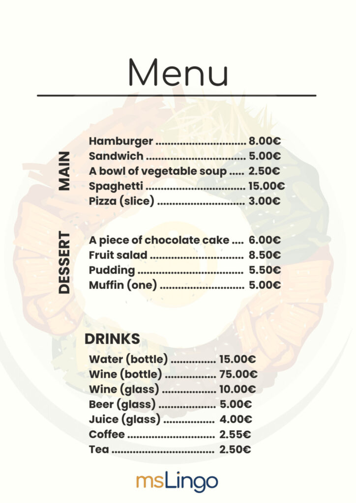Vežbe pisanja A2 - At the restaurant - menu
